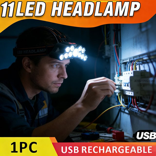 Heinast 11 LED Stirnlampe mit Starklicht, wiederaufladbare Kopflampe in Schwarz für Outdoor und Notfälle - Bild 1