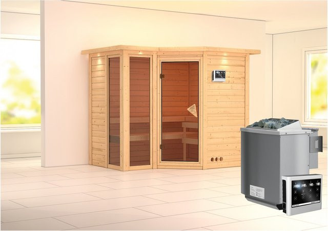 Karibu Massivholzsauna Amalia Bio-Kombisauna aus Fichte mit Dachkranz und LED-Steuerung, Farbe: Natur/Braun/Weiß, B/T/H: 236 x 198 x 212 cm - Bild 1