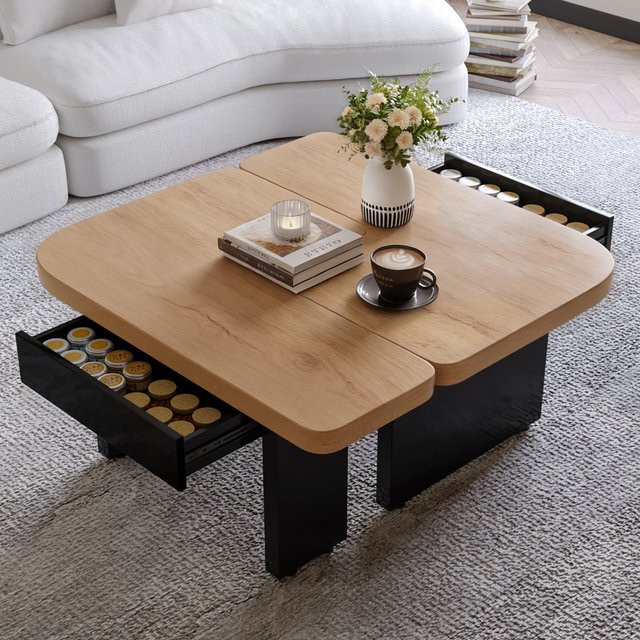 Jugacool 2-in-1 Couchtisch aus Holz in Braun mit 2 Schubladen, rechteckiges Design mit weichen Rundungen und höhenverstellbaren Füßen - Bild 1