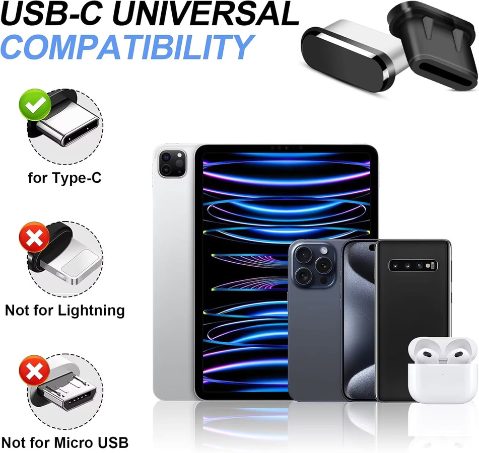 4er-Set USB-C Staubstecker-Abdeckungen in Schwarz mit Reinigungssatz für iPhone 15 und 16 Serie - Bild 2