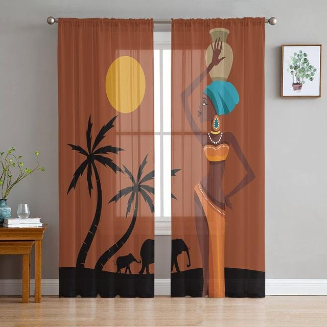 A Family Of Home Textiles Sheer Fenster Vorhänge mit afrikanischem Frauen-Motiv, Tüll-Vorhang in Multicolour, B: 135 cm, H: 114 cm - Bild 1