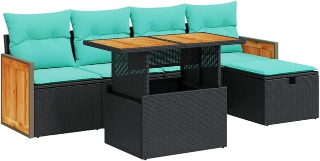 vidaXL 6-teilige Garten-Sofagarnitur aus Polyrattan in Schwarz mit Kissen und L-Form für Terrasse und Garten - Bild 1