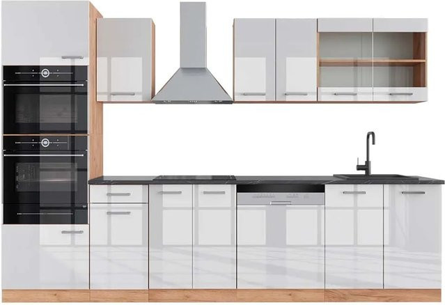 Vicco R-Line Küchenzeile Weiß Hochglanz und Goldkraft Eiche mit Hochschrank Anthrazit, Breite: 300 cm - Bild 1