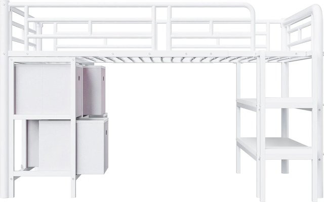 Merax Hochbett für Kinder mit Treppe und Schubladen aus Metall und MDF, Weiß, B/T/H: 90 x 200 x 150 cm - Bild 1
