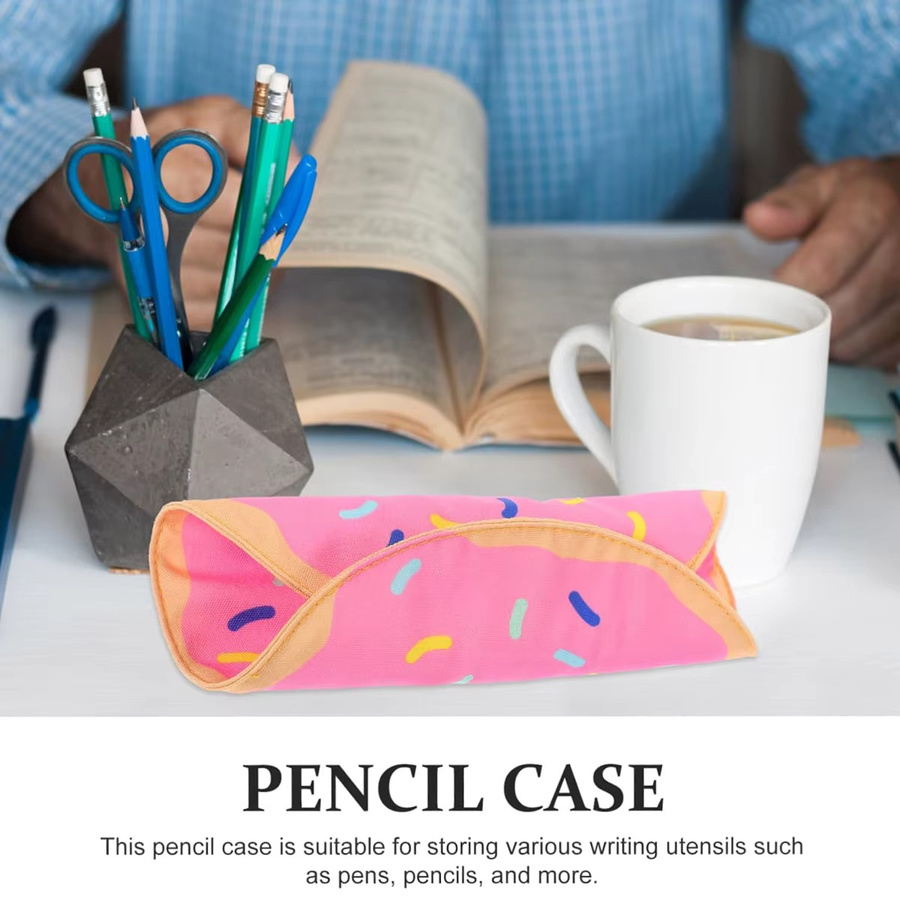 Niedriges Roll-up Stiftetui mit Donut-Muster in Pink aus Canvas für Stifte und Make-up-Pinsel - Bild 2