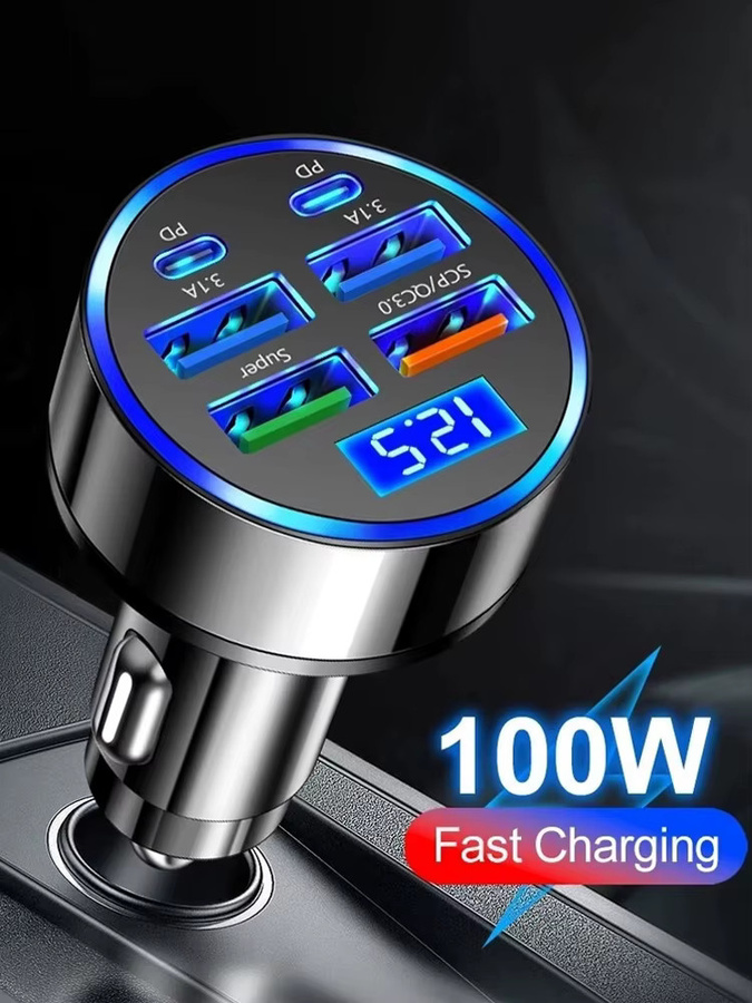 100W 6-Port Autoladegerät mit USB-C Schnellladung PD und QC3.0 in Schwarz für iPhone, Samsung, Huawei und Xiaomi - Bild 5
