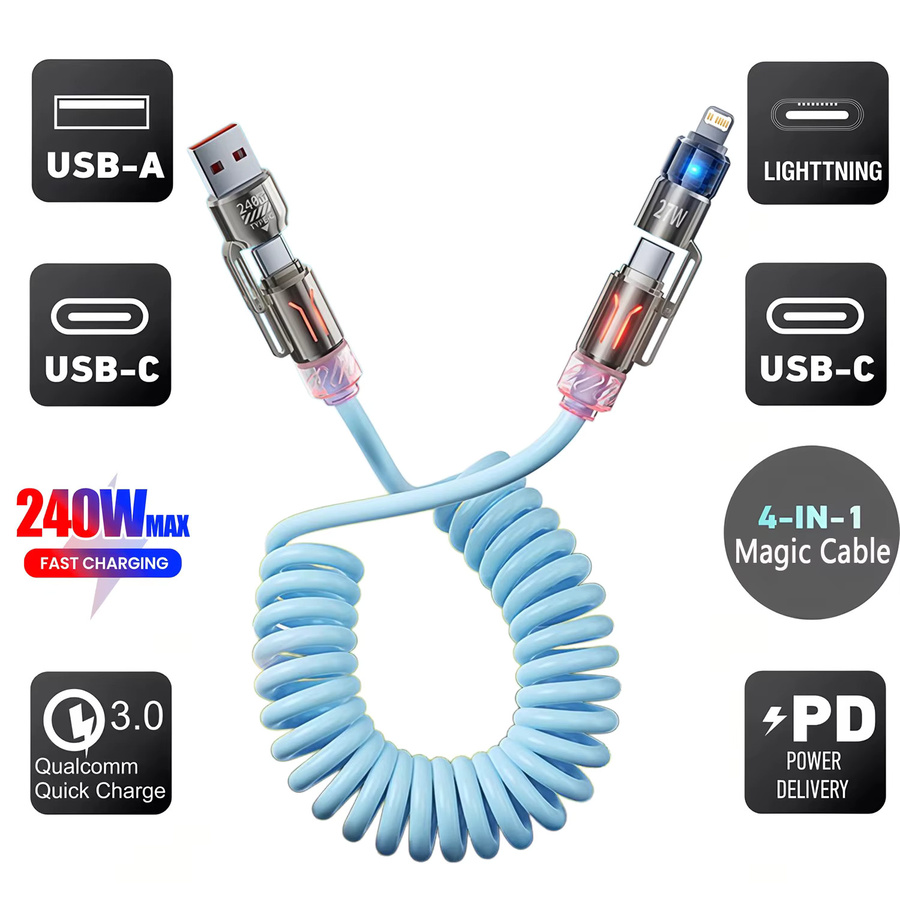 VBNM 4-in-1 Multifunktionales Auto-Schnellladekabel mit einziehbarem Kabel, 240W, Orange, USB-C und Lightning für iPhone und Samsung Galaxy - Bild 3