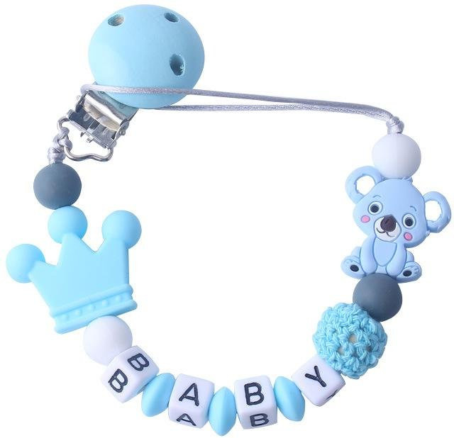 Pink Balloon Schnuller Kette mit Kauspielzeug aus Silikon in Blau, BPA-frei - Bild 1