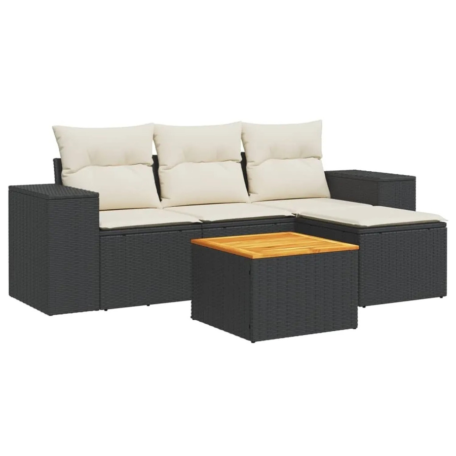 vidaXL 5-tlg Garten-Sofagarnitur aus Poly-Rattan und Akazienholz in Schwarz mit cremeweißen Kissen Modell 107 - Bild 2
