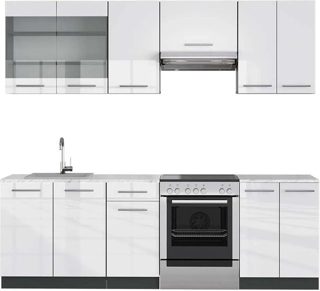 Vicco Fame-Line Küchenzeile Weiß Hochglanz und Anthrazit mit Marmor-Optik, B/T/H: 240 x 60 x 82 cm - Bild 1