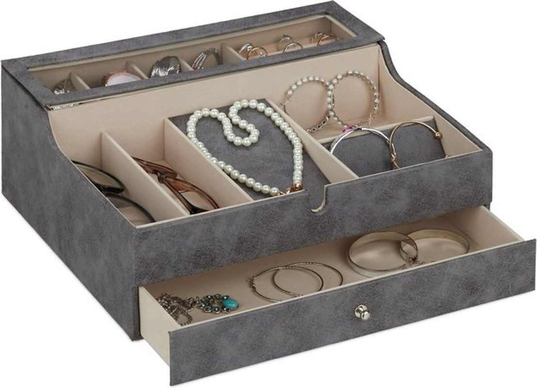 Relaxdays Schmuckkästchen in Lederoptik mit Samtfutter für Damen und Herren, Grau, H x B x T: 13 x 34 x 31 cm - Bild 1