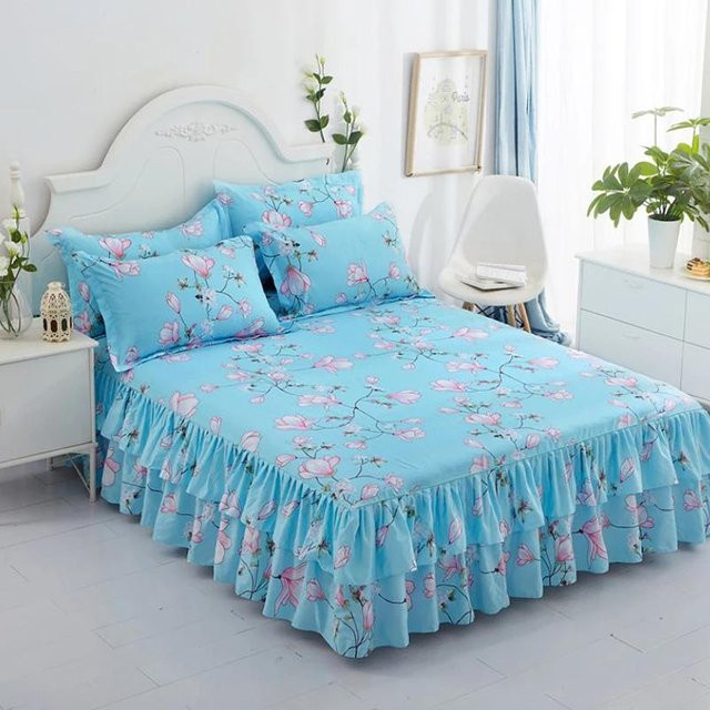 Super Six Bettrock mit Blumenmuster und Prinzessinnen-Motiv in Blau, 3-teiliges Set, B/T/H: 120 x 200 x 40 cm - Bild 1