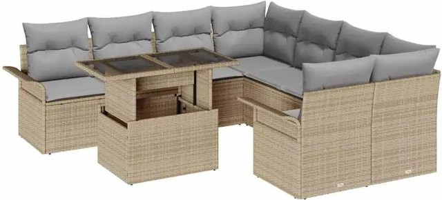 vidaXL Garten-Sofa-Set aus Poly Rattan in Beige mit 9-teiliger Ecksofa-Landschaft, Tisch und integriertem Kissen-Speicher - Bild 1