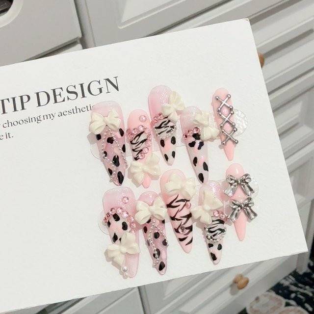 YADORNOS Kunstnägel, Rosa Leopardenmuster mit 3D-Schleife, Damen, 10 Stück - Bild 1