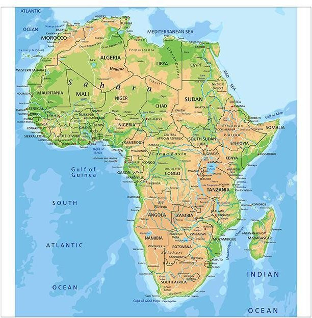 Topografische Afrika Karte als Leinwanddruck von Simple Home, Wandkunst für Zuhause oder Büro, B/H: 60 x 60 cm, Mehrfarbig - Bild 1