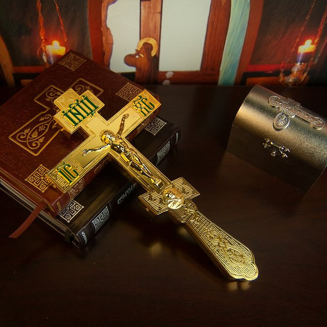 HTISOK Östliches orthodoxes Kreuz aus Metall in Gold als Kirchendekoration und Gebetszubehör - Bild 1