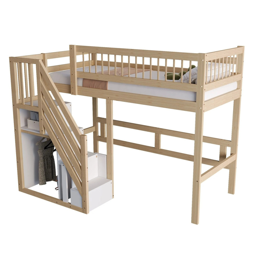 okwish Massivholzbett für Kinder aus Kiefernholz mit Treppe und Aufbewahrungsschrank, B/T/H: 90 x 200 x 170 cm, Naturbelassen - Bild 2