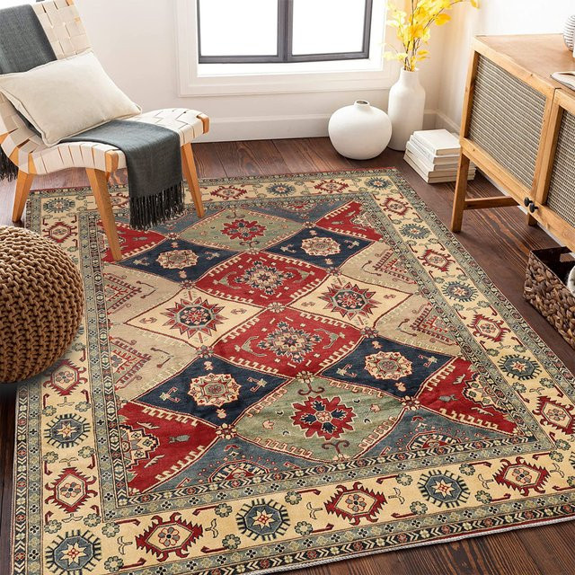 VIKAMA Sandteppich im Boho-Stil mit floralem Kaschmir-Imitat, rutschfest und saugfähig, Multicolour, B x T: 160 x 120 cm - Bild 1