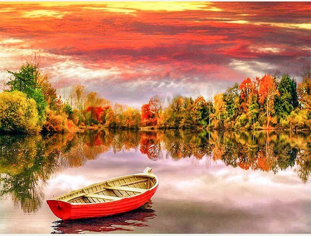 FIYO DIY Diamantmalerei Landschaft mit See und Boot in Rot, Mosaik-Set für Erwachsene, B/H: 20 x 30 cm - Bild 1