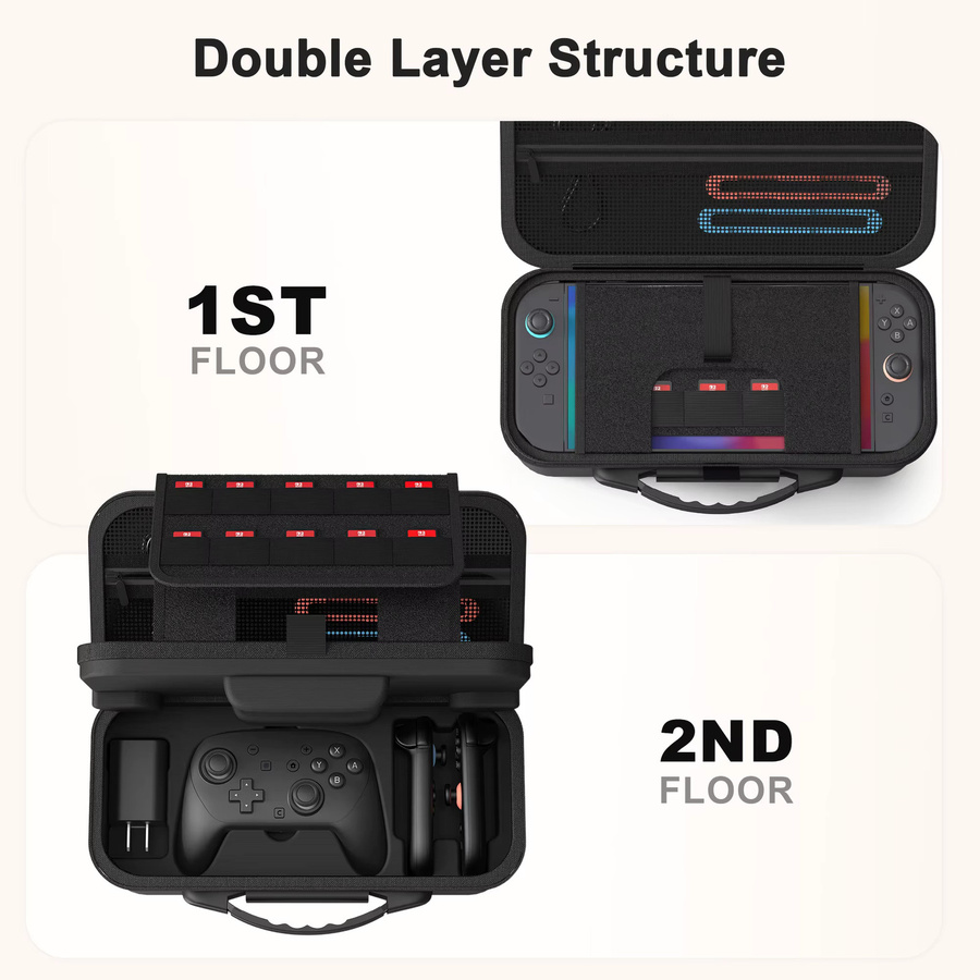 Nintendo Switch 2 Aufbewahrungstasche mit großem Fassungsvermögen, 2-lagige Hartschale für Controller und Zubehör, Schwarz - Bild 2