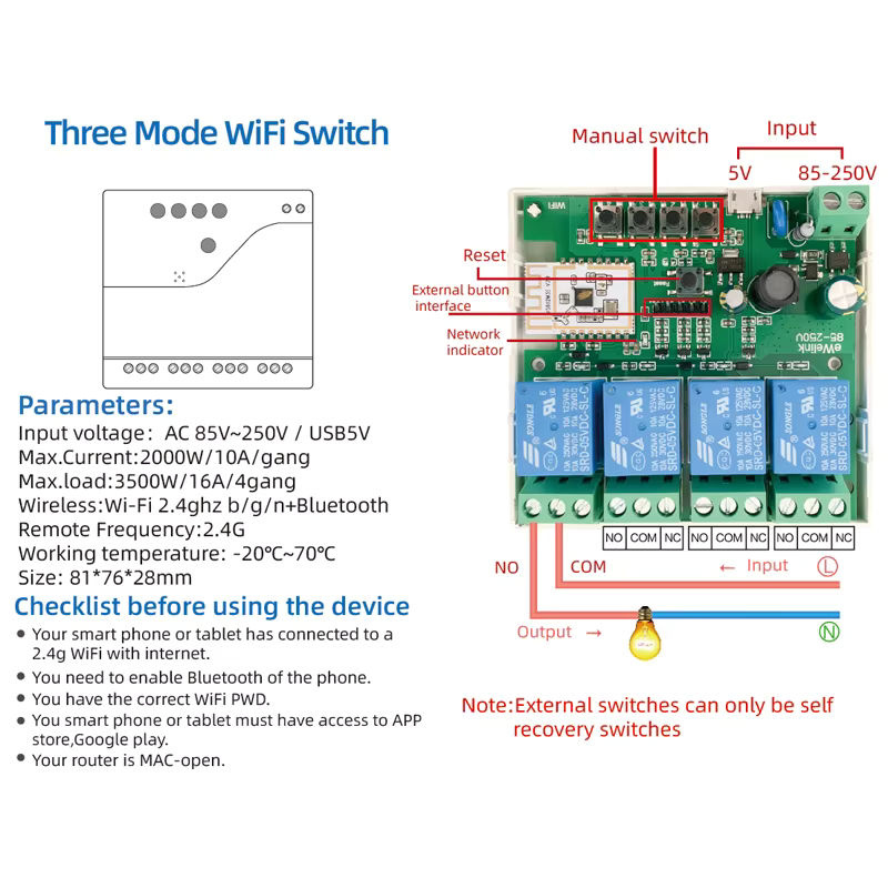 eWelink 4-Kanal Smart WiFi Schalter mit Bluetooth und Alexa-Kompatibilität, 85–250 V - Bild 2