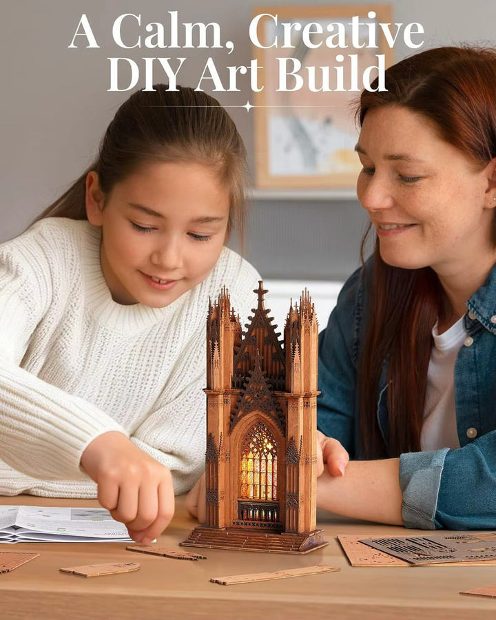 Robotime 3D-Puzzle Doppelsteg-Kathedrale, Holzmodellbausatz, mit Beleuchtung, ab 14 Jahren - Bild 4