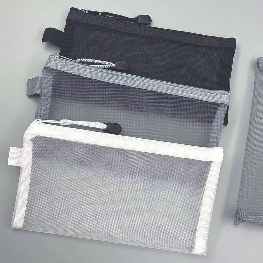 3-teiliges transparentes Federmäppchen aus Nylon und Kunststoff mit Reißverschluss für Schreibwaren und Kosmetik in Schwarz, Weiß und Grau - Bild 2