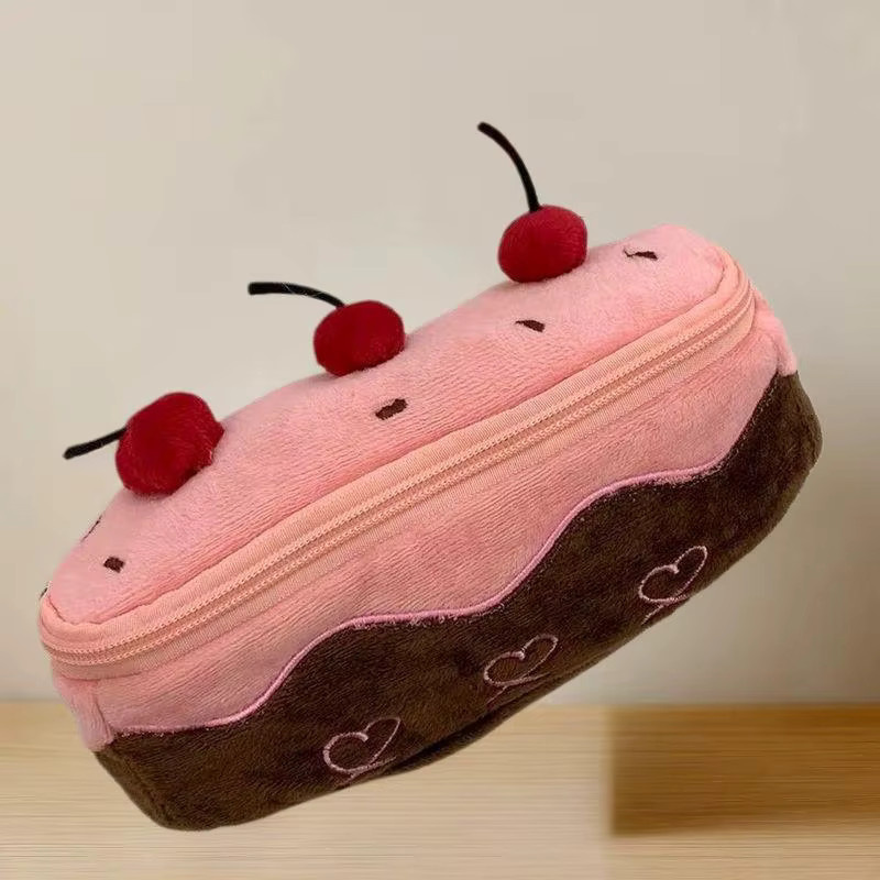 CHENJ Plüsch Federmäppchen Kawaii Kirsch- und Kuchen-Design in Pink als flaches Etui für Mädchen und Schule - Bild 3