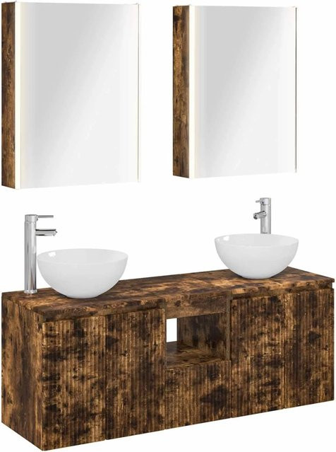 vidaXL Badezimmerschrank-Set aus Holz in Geräucherteiche, 5-teiliges Set mit Waschtischunterschrank und Spiegelschrank mit LED-Beleuchtung, Braun, B/T/H: 53 x 15,5 x 70 cm - Bild 1