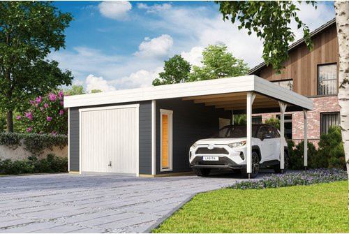 Blockgarage Lasita Maja Bahamas aus Holz in Carbongrau mit Schwingtor und Seitentür, B/T: 820 x 560 cm - Bild 1