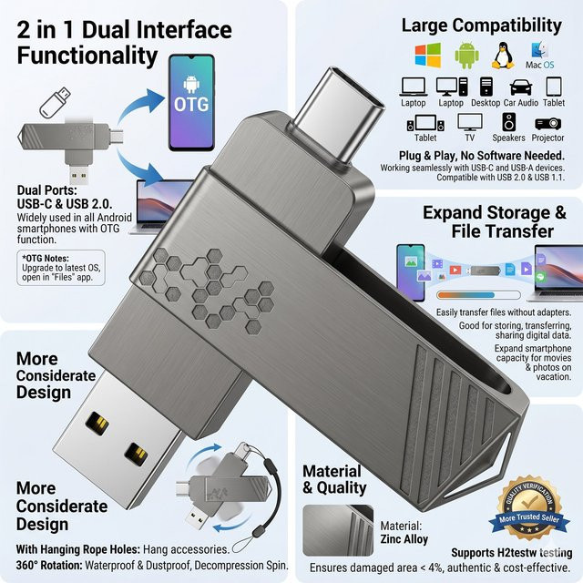 AMZWN 3-in-1 Hochgeschwindigkeits USB-Stick mit USB-C, USB-A und Micro-USB Schnittstellen in Silber - Bild 1