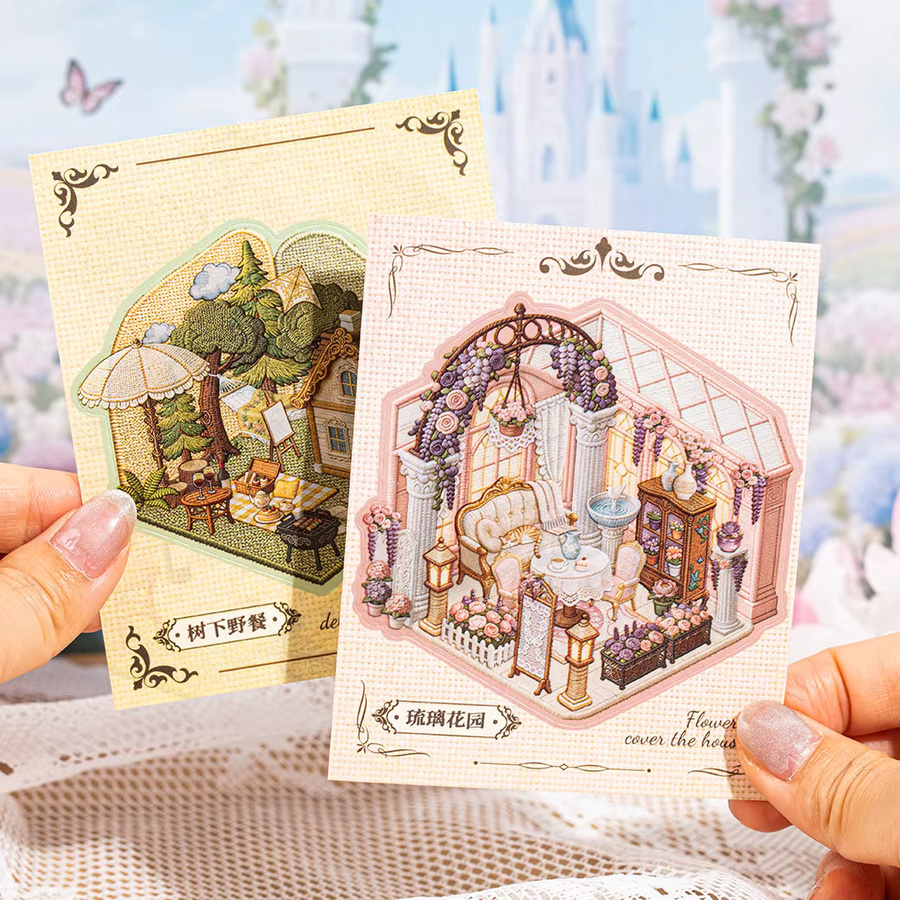 Kawaii Vintage Cottage 3D Fantasy Hütten Landschaft Stickerbuch DIY Taschenhütten Szene in Multicolour - Bild 1