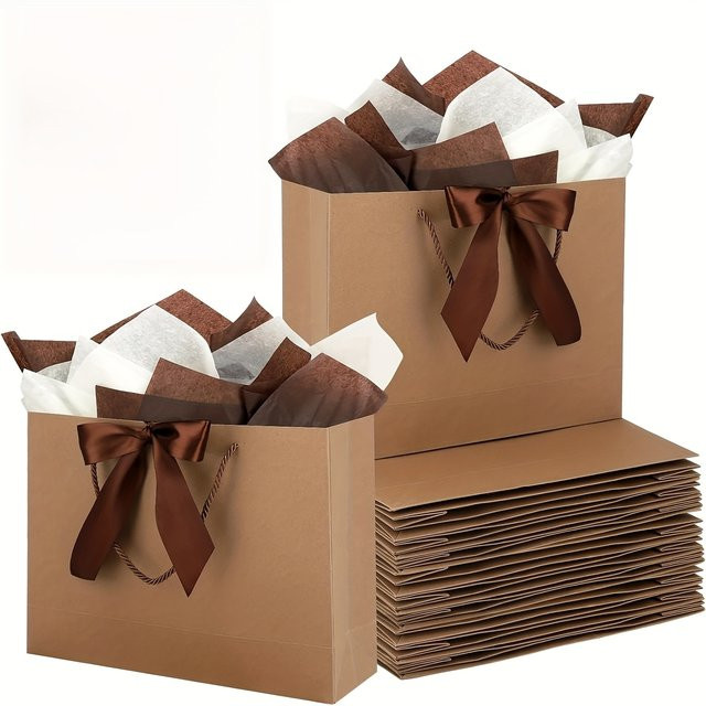 20 Stück Geschenktüten aus Kraftpapier in Braun mit Griff und Schleifenband für Geburtstag oder Hochzeit - Bild 1
