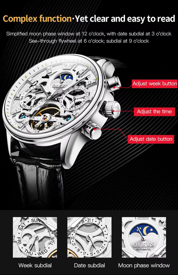 OLEVS Armbanduhr Automatik, Leder, Blau, Mondphase, Herren - Bild 6
