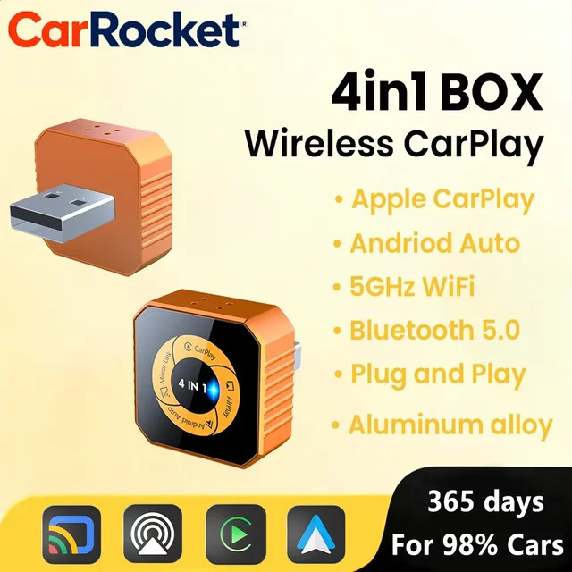 CarRocket 4-in-1 Kabelloser CarPlay und Android Auto Adapter in Orange für Mercedes Benz Volkswagen Volvo Hyundai VW - Bild 1