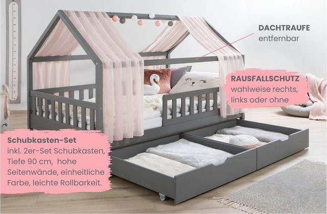 TiCAA Hausbett Kim aus Kiefer Massivholz mit Tüll, Schubkasten und Rausfallschutz, Hellgrau - Bild 1