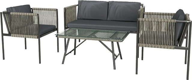 Outsunny Rattan Gartenmöbel-Set aus PE-Rattan und Stahl in Grau mit gehärtetem Glas und Polsterung, B: 116 cm, T: 65 cm, H: 68 cm - Bild 1