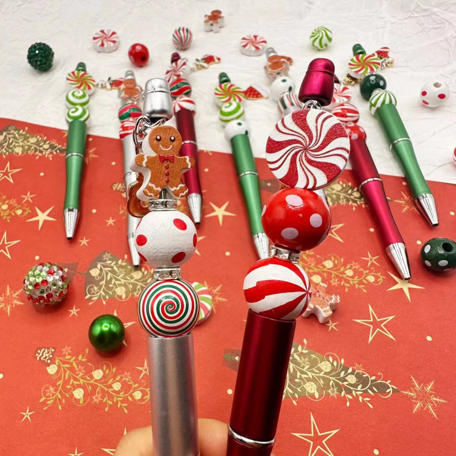 6er Set Weihnachts-DIY-Kugelschreiber aus Holz mit bunten Perlen für Büro und Schule - Bild 4