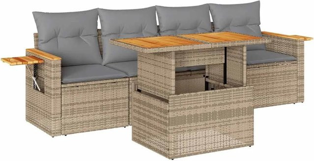 vidaXL 5-teilige Garten-Sofagarnitur in L-Form aus Polyrattan und Akazienholz mit Kissen in Beige-Grau - Bild 1