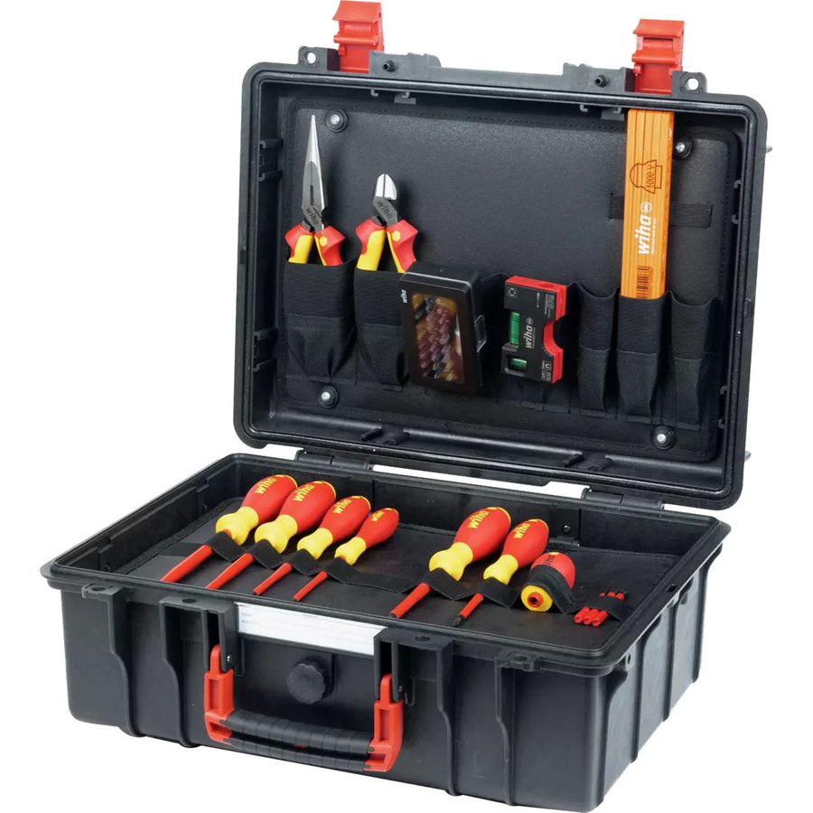 Wiha Werkzeugkoffer Basic Set L electric in Schwarz mit Schraubendrehern, Zangen, Bits, Maßband und Wasserwaage - Bild 1