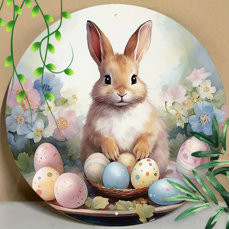 CIFBUY Rundes Metallschild Vintage Osterhase mit Blumen und Eiern als Frühlings-Wanddekoration in Mehrfarbig - Bild 2
