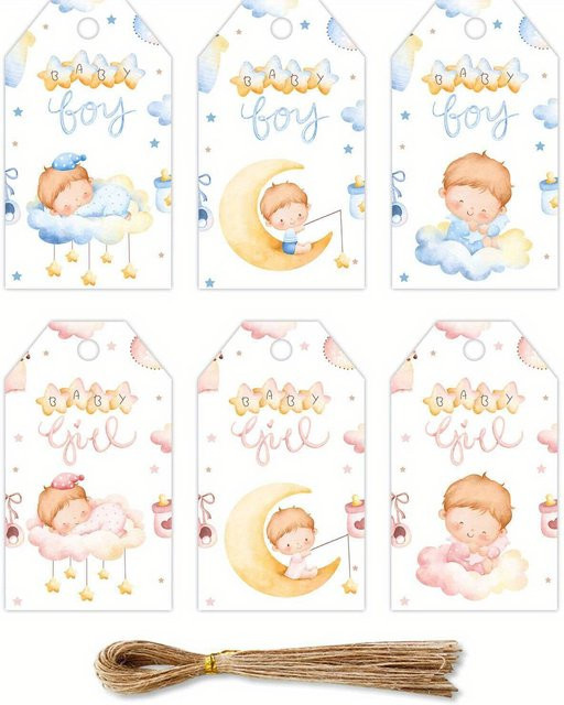 60 Stück hängende Papieranhänger in Rosa und Blau mit Stern und Mond für Babyparty und Geburtstag als DIY Deko - Bild 1