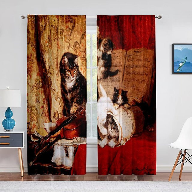 Super Six Transparent Voile-Vorhang mit Katzen-Print aus Chiffon, B: 100 cm, H: 250 cm - Bild 1