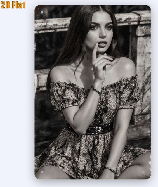 Retro Metall-Wandschild von CIFBUY mit grafischem Motiv einer Frau im Schlangenhaut-Kleid in Schwarz-Weiß - Bild 1