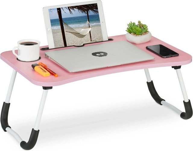 Relaxdays Klappbarer Laptoptisch mit Tablet- und Getränkehalter in Rosa, Weiß oder Schwarz, B/T/H: 63 x 40 x 26 cm - Bild 1