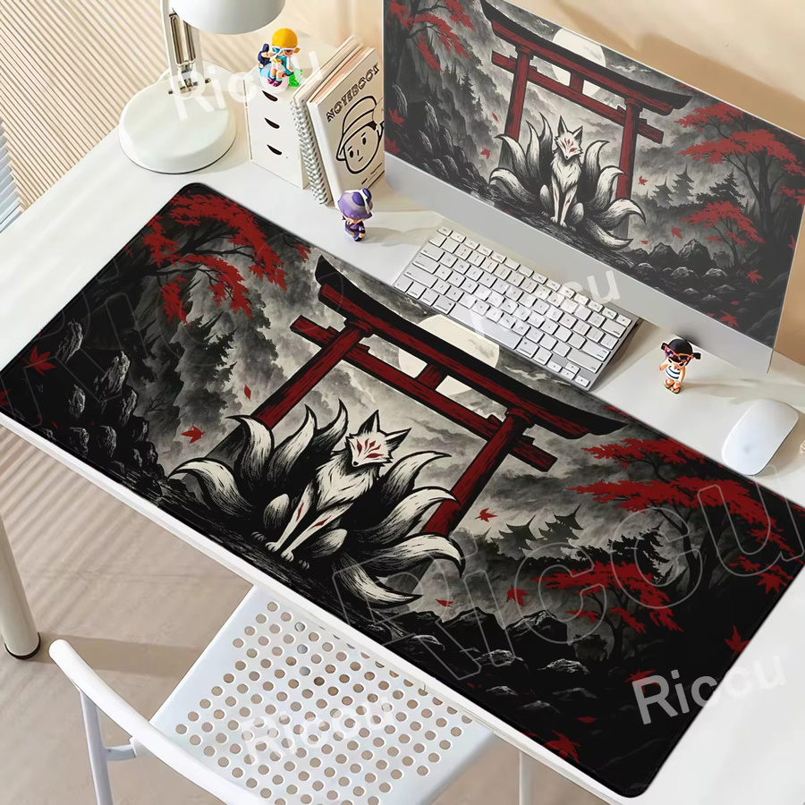 Riccu Gaming-Mausmatte mit Anime-Fuchs-Design in Schwarz-Rot, erweiterte Schreibtischunterlage für PC und Büro - Bild 3