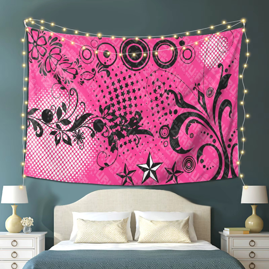 VIKAMA Y2K Millennium Style Wandteppich in Schwarz und Pink mit Graffiti-Druck und abstrakten Stern-, Blumen- und Wellenmotiven als dekoratives Hängetuch - Bild 3