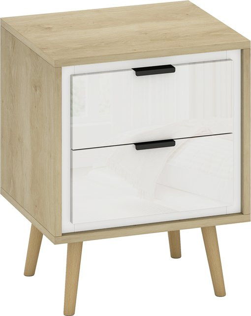 HOMCOM schmaler Nachttisch mit 2 geräuscharmen Schubladen und Massivholzfüßen, Beistelltisch in Hochglanzweiß und Eiche, B/T/H: 40 x 35 x 50 cm - Bild 1