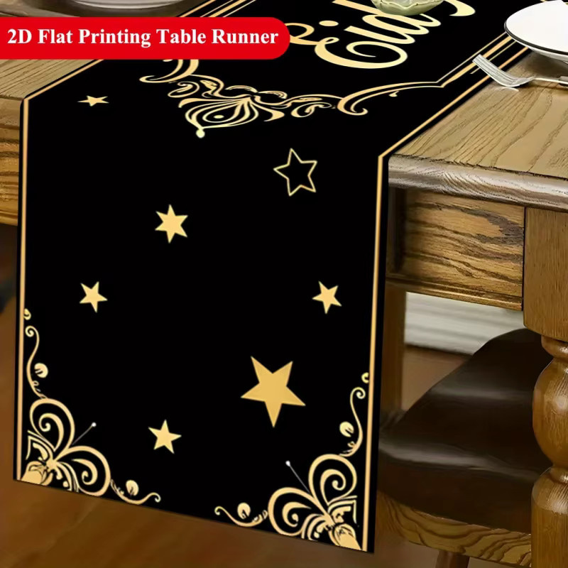 VIKAMA Tischläufer Eid Mubarak in Schwarz-Gold aus Leinen für deine festliche Tischdekoration, B/T: 90 x 33 cm - Bild 4