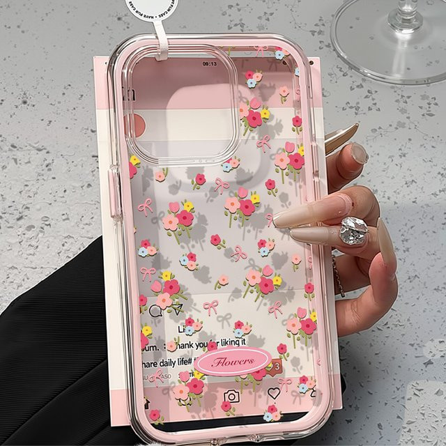 Koreanische Blumen-Handyhülle für Apple iPhone 11 12 13 14 15 16 17 Pro Max Air, transparente weiche Rückseite in Pink und Multicolour - Bild 1